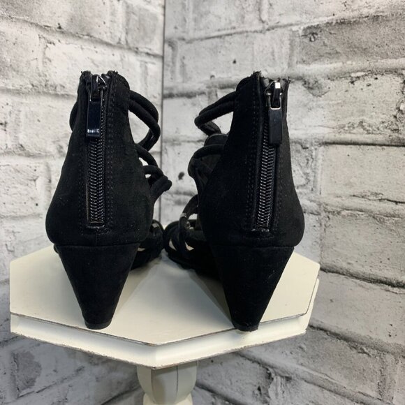 BAR III Black Strappy Faux Suede Open Toe Wedge Sandals Kalyn Heels - Picture 6 of 9